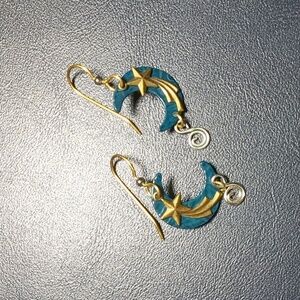 Blue crescent moon and shooting star earrings